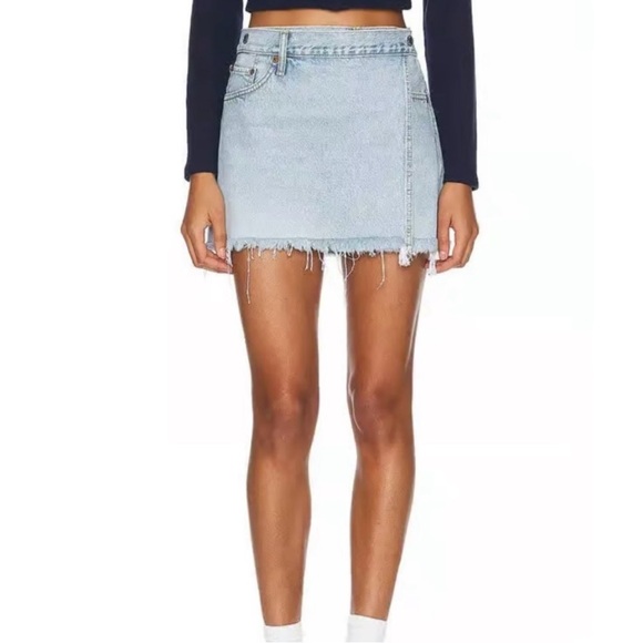 REDONE x Pam Anderson Mid Rise Wrap Denim Mini Skirt Maliblue Blue Size 26 - Picture 1 of 16